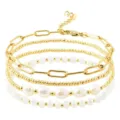 Fashion multi-layer beaded bracelet set with pearls crystal and paperclip chain for women. - Four-Piece Set / Gold