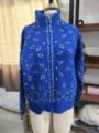 Blue paisley knit zip-up cardigan sweater with stand collar, stylish casual streetwear style. - M / Tops / Blue