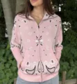 Pink knit zip cardigan featuring a stylish bandana paisley pattern for women's casual wear. - M / Tops / Light Pink