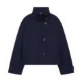 Women's Navy Blue Stand Collar Short Woolen Jacket Asymmetric Button Casual Outerwear - XS / Tops / Navy Blue