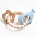 Silicone Baby Teether Toy Whale Flower Wooden Bead Teething Ring Set Blue & Natural - Whale and Star