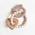 Silicone bead bracelet teether with wooden heart and bear ring, safe baby teething toy. - Pink Orange Bear and Heart