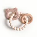 Silicone baby teether toy set with wooden ring and bead bracelet for soothing molar relief. - Pink Orange Bear and Circle