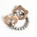 Food-grade silicone baby teether and wooden heart molar toy set for soothing infant teething. - Cocoa Bear and Heart