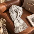 White plaid winter scarf with tassels, cozy cashmere feel soft knit neck wrap for women. - With You Through Winter
