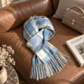 Cozy blue and white plaid winter scarf with stylish fringe, soft warm knitted shawl for women. - Sea Salt Baileys
