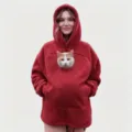 Cozy red fleece hoodie detail, soft plush fabric texture with front pocket and pet pouch. - 4XL / Red