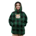 Green black plaid fleece hoodie for women, cozy oversized sherpa hooded sweatshirt. - 4XL / Green Plaid