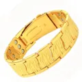 Men's gold magnetic bracelet wide strap stainless steel therapeutic link jewelry item SKU display - Wave / Gold