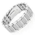 Silver magnetic therapy bracelet for men, wide stainless steel link with textured square. - Argyle / Silver