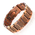 Men Antique Copper Magnetic Bracelet Three Row Shield Link Wide Watch Band Clasp Jewelry - Argyle / Antique Red Copper
