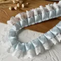 Lolita double layer pleated lace trim with blue polka dot ribbon for DIY sewing craft. - Length 1m Width ~3.5cm / Steam Blue