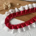 Red white polka dot satin ribbon with delicate white lace trim double layer pleated diy craft - Length 1m Width ~3.5cm / Red