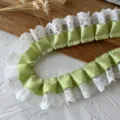 Green polka dot ribbon and white lace ruffled trim, perfect for DIY Lolita fashion sewing crafts. - Length 1m Width ~3.5cm / Fruit Green