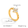 Gold titanium steel clover ring with white cubic zirconia, fashion jewelry for women. - Clover Motif Embellished Watch Band Ring (XZ-R30683)