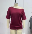 Casual off-shoulder burgundy t-shirt featuring a stylish loose fit and slanted neckline design. - S / Tops / Burgundy