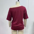 Back detail of a stylish women solid color off shoulder loose t shirt, casual y2k summer top. - S / Tops / Burgundy