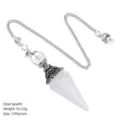 Natural clear quartz crystal hexagonal pendulum pendant antique silver flower charm - White Crystal