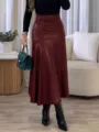 Women high waist faux leather midi umbrella skirt elegant wine red autumn fashion apparel - S / Bottoms / Burgundy