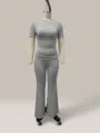 Women two piece casual workout set short sleeve crop top and flared pants in grey color - XS / Top And Bottom / Gray