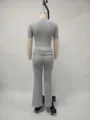 Women grey ribbed two piece set short sleeve crop top and low waist flare pants casual outfit - XS / Top And Bottom / Gray