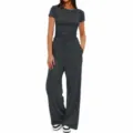 Ensemble deux pièces pour femme haut à manches courtes et pantalon de survêtement chic. - XS / Haut et Bas / Gris Chiné Foncé