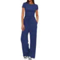 Ensemble deux pièces pour femme haut à manches courtes et pantalon large de sport - XS / Haut et Bas / Bleu Encre