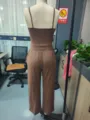 Women brown camisole crop top and loose wide leg pants casual lounge set for summer. - XS / Top And Bottom / Back View