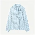 Light blue polka dot long sleeve blouse with a chic bow tie neck and loose fit for women. - Blue Polka Dot