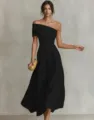 Elegant black one-shoulder dress for women, slim waist design, perfect for party and evening. - Black