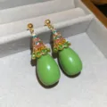 Gold teardrop earrings with colorful rhinestones and green resin drops, sweet pastoral style. - Stud Earrings / Gold-Green