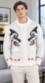 Cardigan con zip in maglia jacquard volpe bianca da uomo stile comodo e casual - Bianco latte