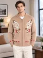 Cardigan da uomo maglione jacquard volpe in maglia grossa con zip colore cachi - Oro rosa