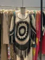 Close-up detail of black and white crochet beach cover-up featuring intricate fringe hem design. - One Size / Dresses / Black with Gold Thread
