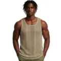 Detailed view of men's breathable open-knit mesh tank top, sleeveless casual summer activewear. - M / Tops / Khaki