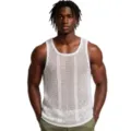 Detailed view of white knit mesh tank top showing breathable openwork texture and sleeveless cut. - M / Tops / White