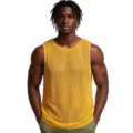 Detailed view of the casual hollow knit tank top, breathable mesh sleeveless summer shirt item. - M / Tops / Yellow