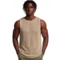 Men's casual mesh knit tank top, breathable sleeveless round neck summer knitted shirt. - M / Tops / Khaki
