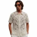 Men's summer crochet knit short sleeve polo shirt, hollow out vintage casual button top. - M / Tops / Apricot