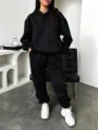 Women 2 piece casual hoodie sweatpants tracksuit Y2K autumn activewear sportswear set - S / Top And Bottom / Black