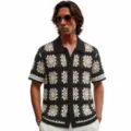 Men's black and white crochet knit short sleeve polo shirt casual open front summer top - M / Top (SJ0097) / Black