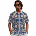 Men's Floral Crochet Knit Short Sleeve Polo Shirt Casual Open Front Cardigan Top - M / Tops / Blue