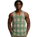 Detailed view of men's green and beige crochet knitted hollow tank top summer casual sleeveless. - M / Tops / Green