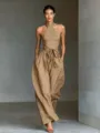 Women's chic halter crisscross linen wide-leg jumpsuit with waist tie khaki outfit - XS / Khaki
