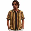 Camisa retro de ganchillo manga corta punto calado hombre verano casual polo detalles - M / Tops / Rayas