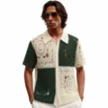 Mens color block crochet knit short sleeve polo cardigan casual summer top detail view - M / Tops / Off White