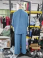 Solid color casual loose round neck top and wide leg pants two piece set for women. - Back View