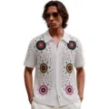 Men's white crochet short sleeve polo shirt knit cardigan with colorful floral design. - M / Tops / White
