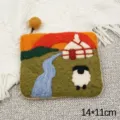 Handmade wool felt coin purse storage bag with cute yurt landscape pattern 14x11cm. - Rainbow Stream Single Sheep Mongolian Yurt