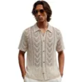 Men's casual crochet short sleeve knit shirt, stylish breathable hollow out button up polo top. - M / Tops / Apricot